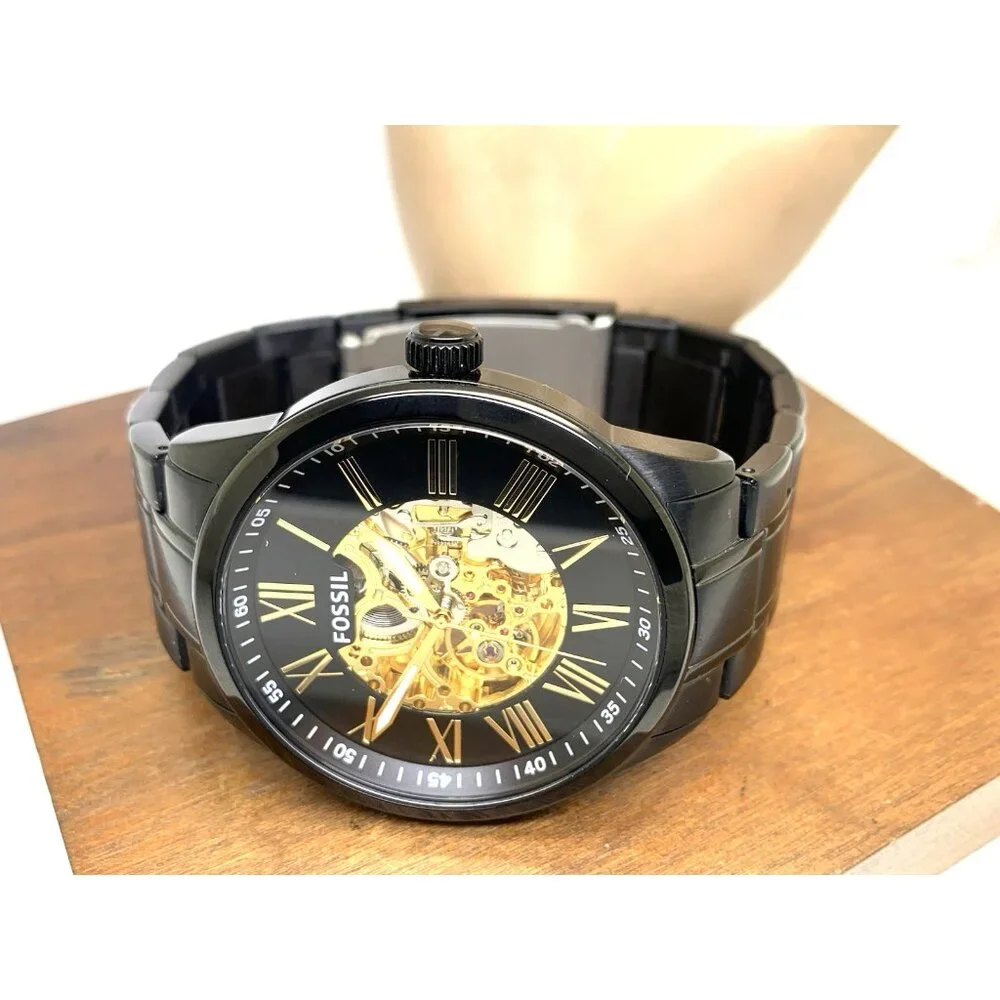 Fossil Men's Watch BQ2092 Flynn Automatic Gold Black Dial Stainless Steel 48mm